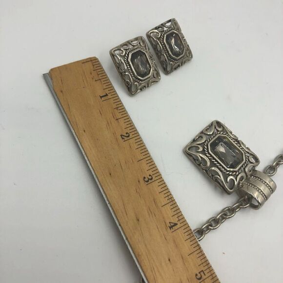 Vintage Bali Style Silver Tone Square Statement Necklace and Pierced Earring Set - Picture 12 of 16